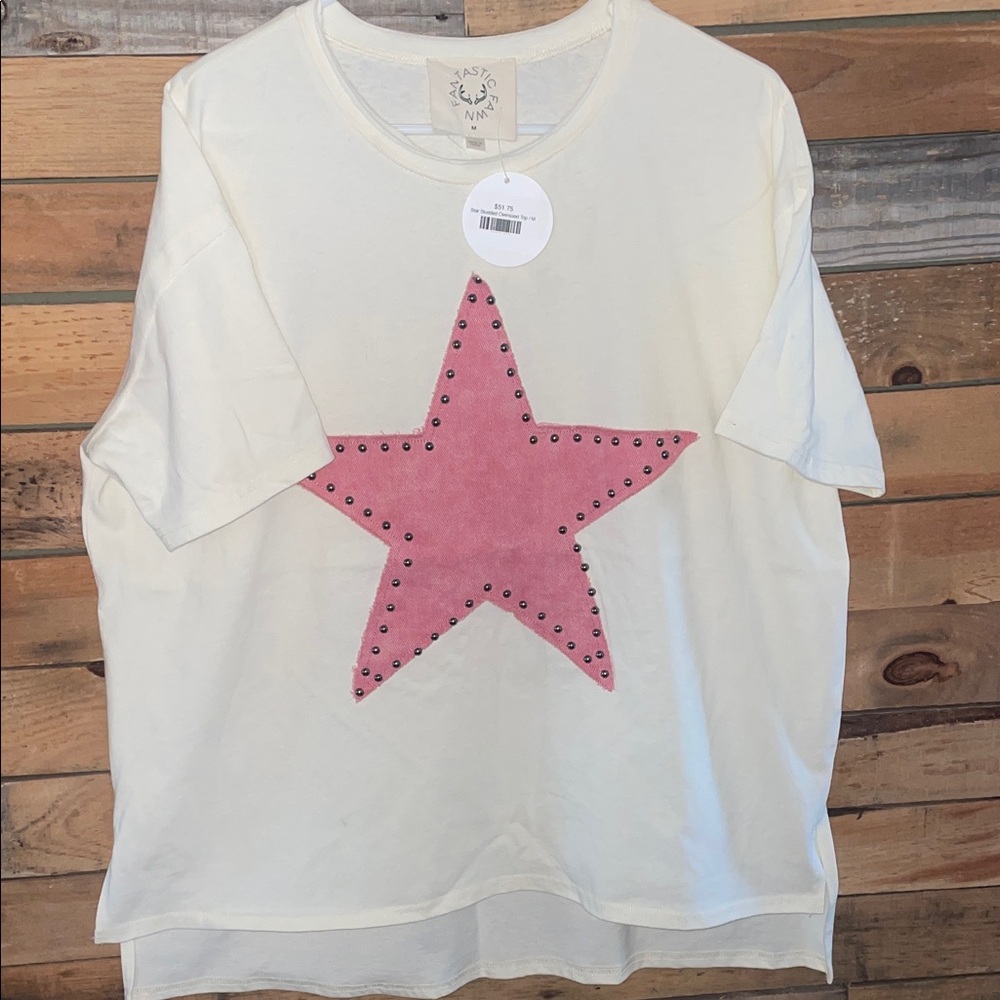 Cream with dark Pink  Star-Embellished Short Sleeve Tee